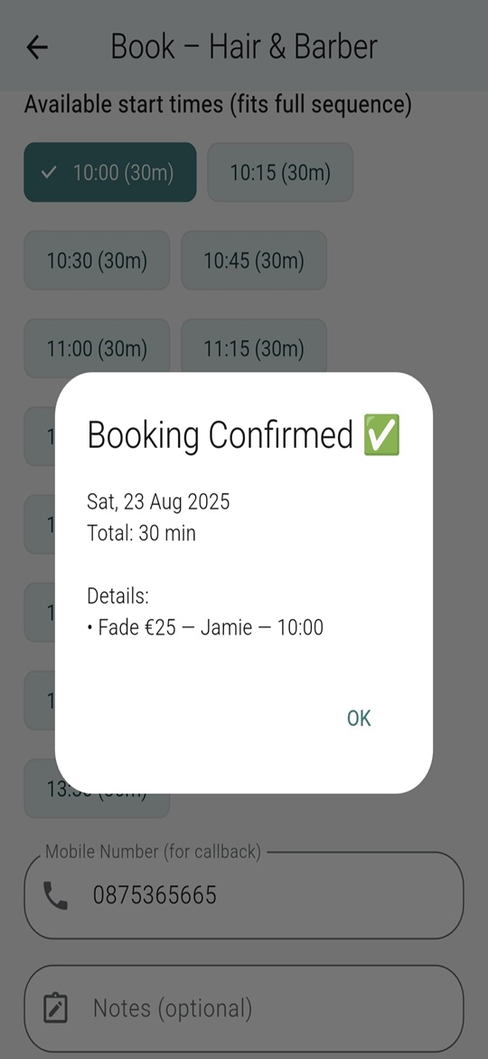 Booking flow — choose service and staff