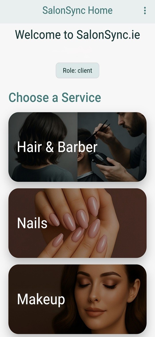 SalonSync home screen (salons and barbers)